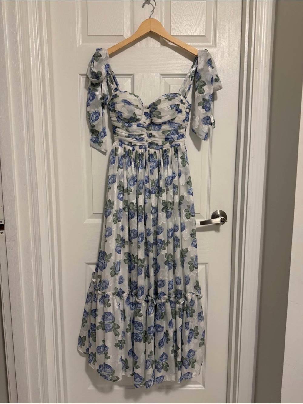 White Maxi Dress with Blue & Green Floral Print and Tie Shoulders